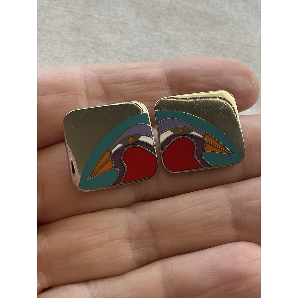 vintage Laurel Burch "Tori-Mon" square enamel earrings Estate Jewelry
